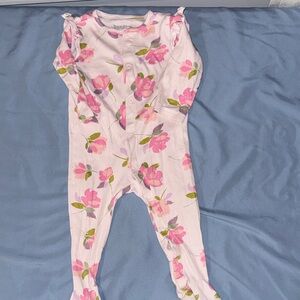 Pink Floral Footed One-Piece with Ruffle Shoulders